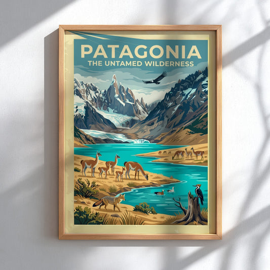 South America travel poster featuring guanacos, a river, and snow-capped mountains in Patagonia