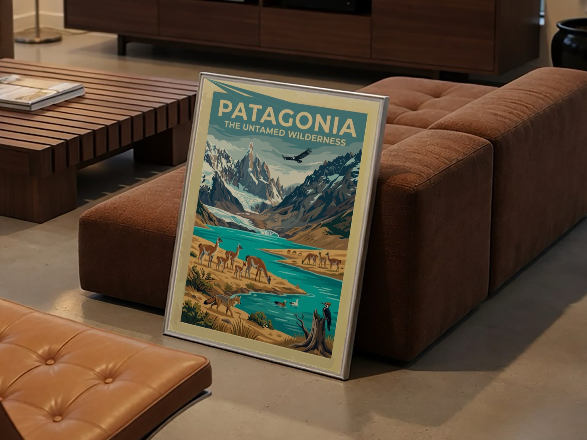 South America travel poster featuring guanacos, a river, and snow-capped mountains in Patagonia