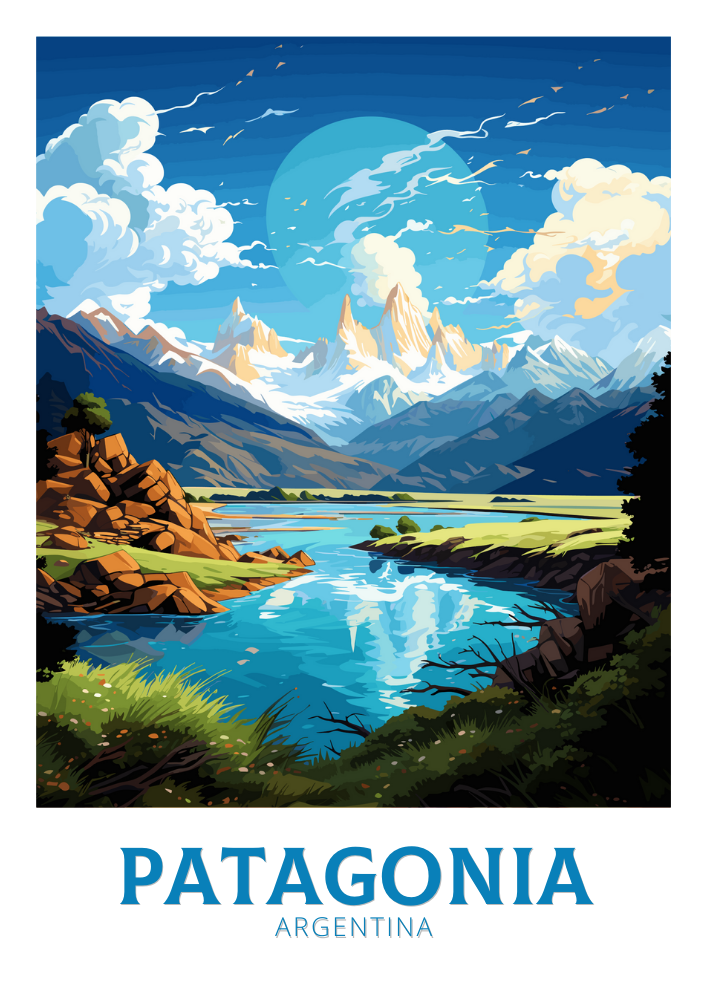 South America PATAGONIA TRAVEL POSTER - RETRO ANDES ART