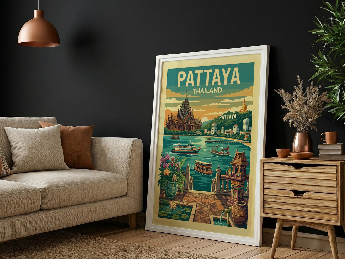 Pattaya Thailand vintage travel poster with a retro design and vibrant colors, depicting city landmarks and