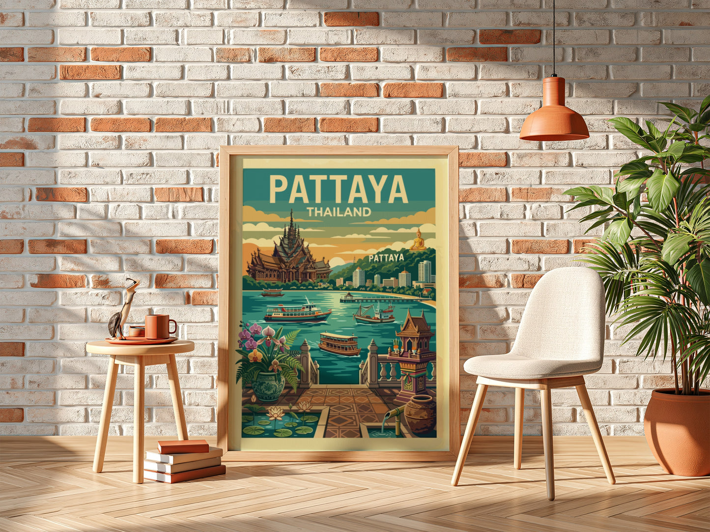 Pattaya Thailand vintage travel poster with a retro design and vibrant colors, depicting city landmarks and