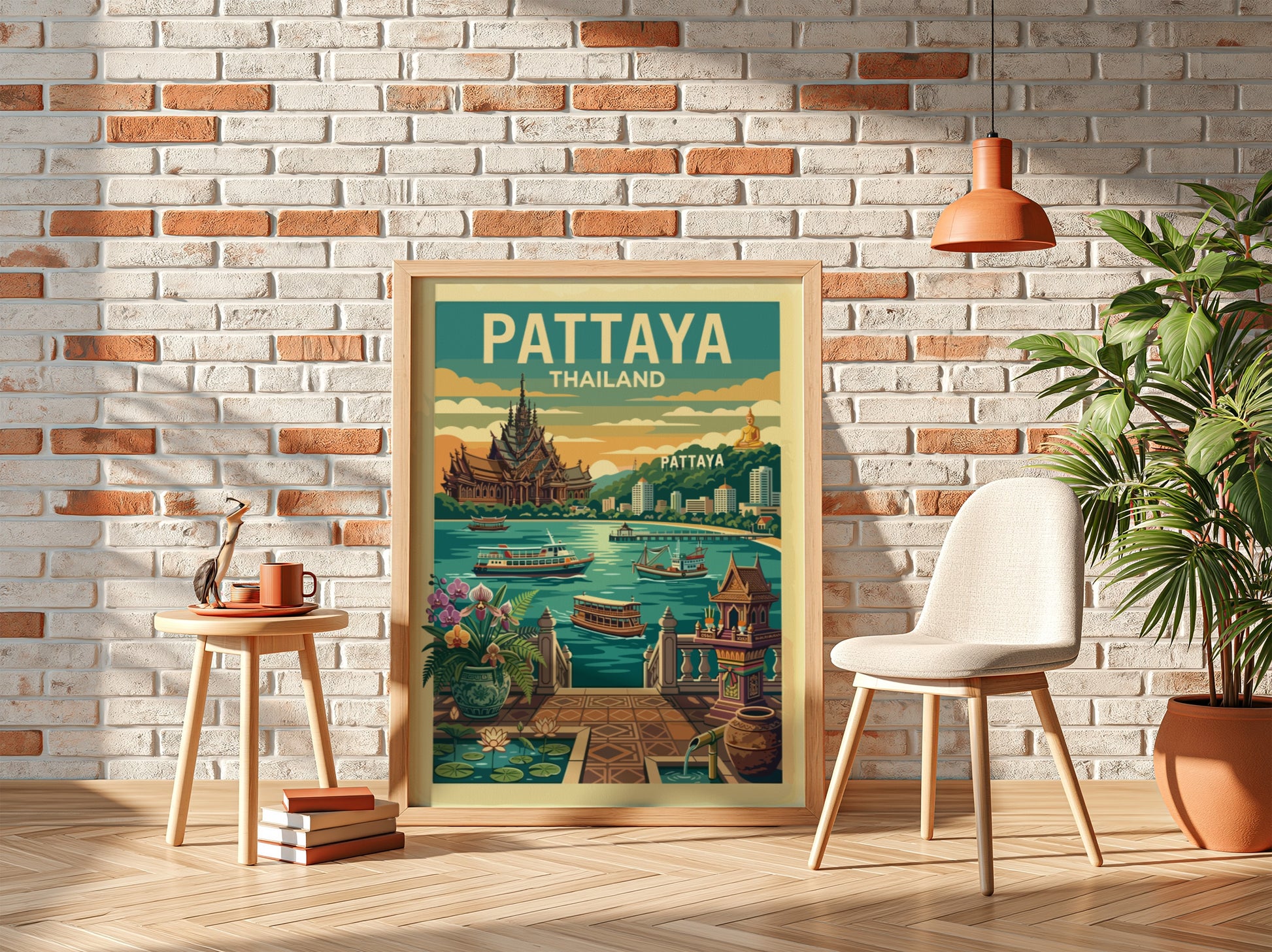 Pattaya Thailand vintage travel poster with a retro design and vibrant colors, depicting city landmarks and