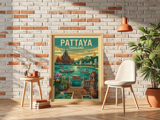 Pattaya Thailand vintage travel poster with a retro design and vibrant colors, depicting city landmarks and