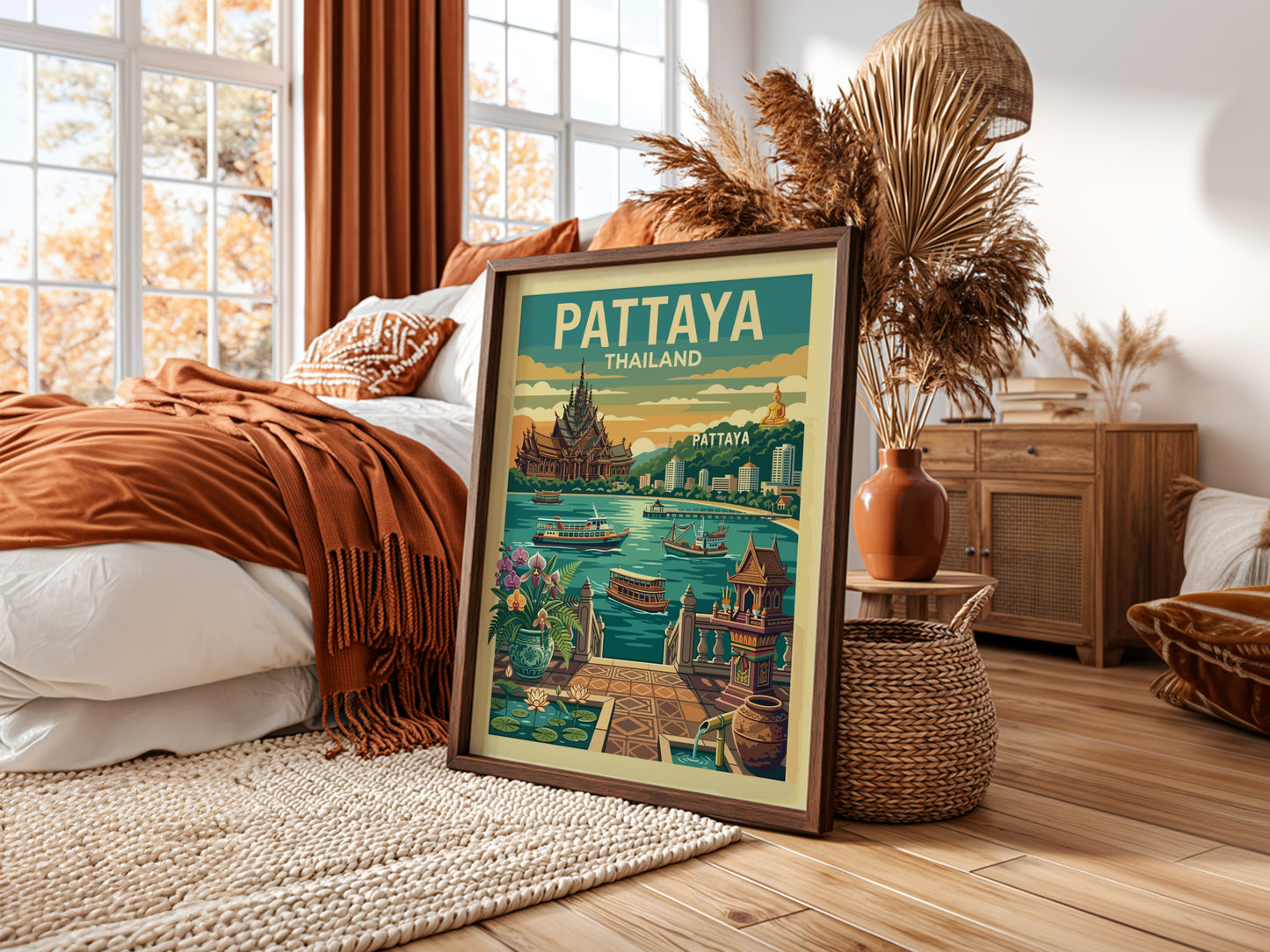 Pattaya Thailand vintage travel poster with a retro design and vibrant colors, depicting city landmarks and