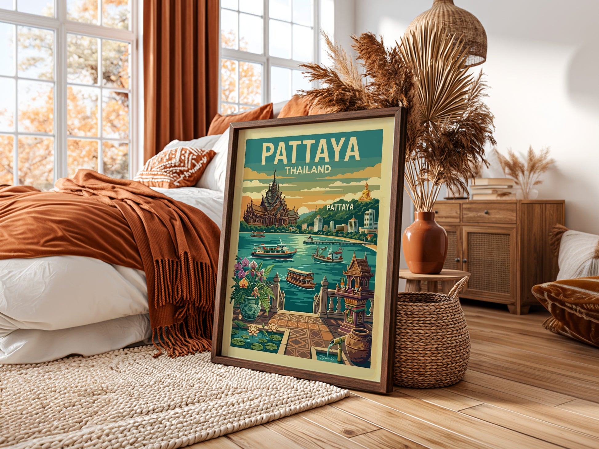 Pattaya Thailand vintage travel poster with a retro design and vibrant colors, depicting city landmarks and