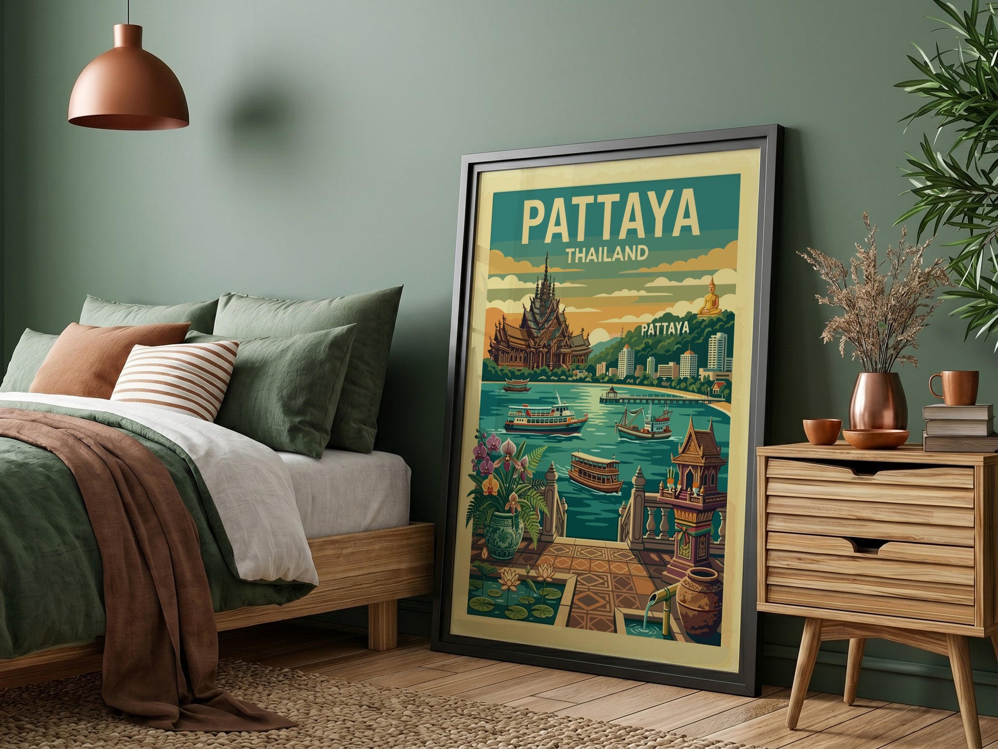 Pattaya Thailand vintage travel poster with a retro design and vibrant colors, depicting city landmarks and
