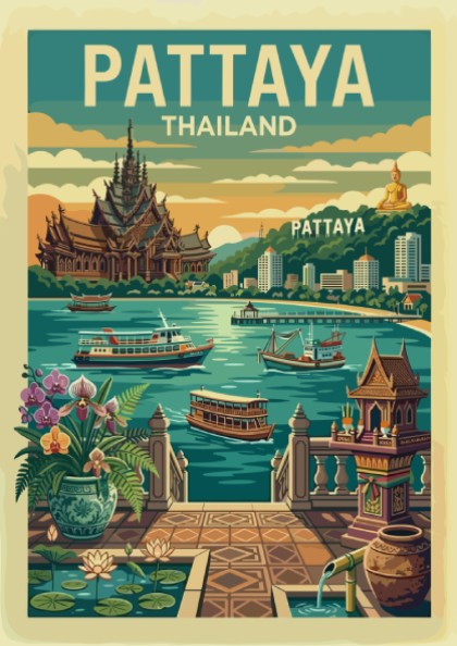 Pattaya Thailand vintage travel poster with a retro design and vibrant colors, depicting city landmarks and