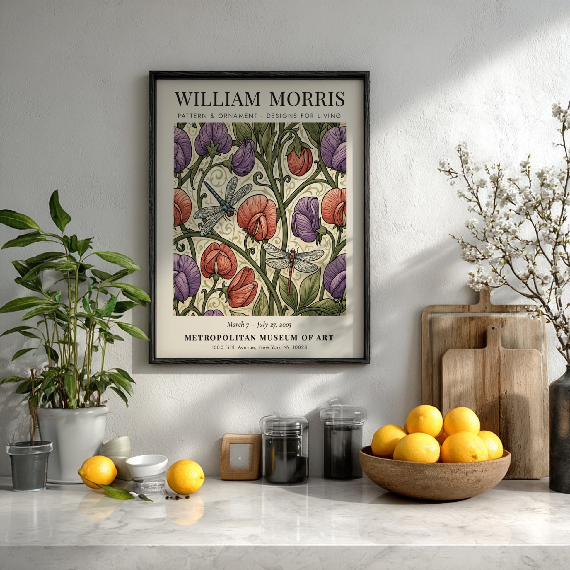 William Morris poster featuring vibrant floral pattern and dragonflies in rich colors