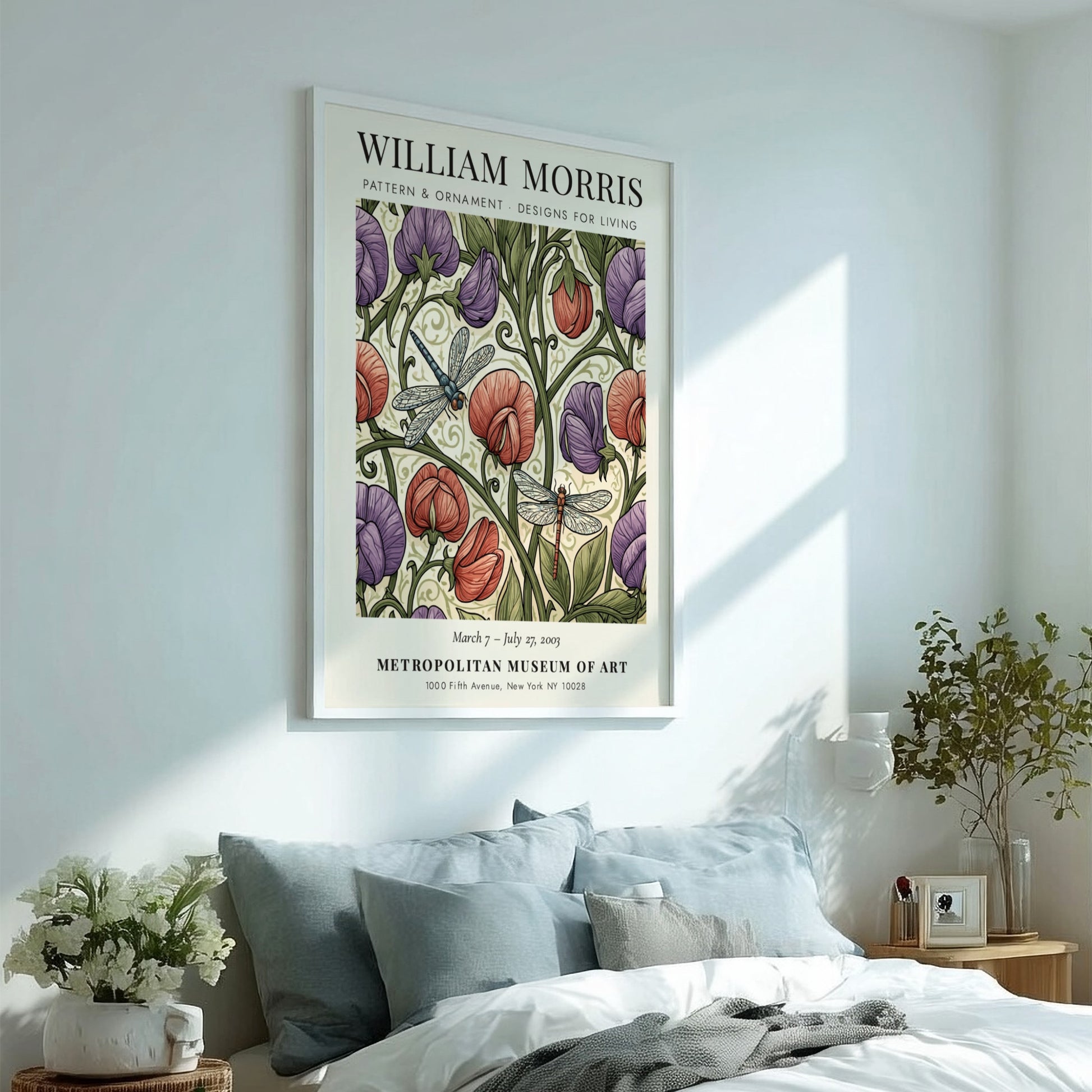 William Morris poster featuring vibrant floral pattern and dragonflies in rich colors