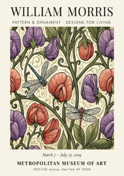 William Morris poster featuring vibrant floral pattern and dragonflies in rich colors