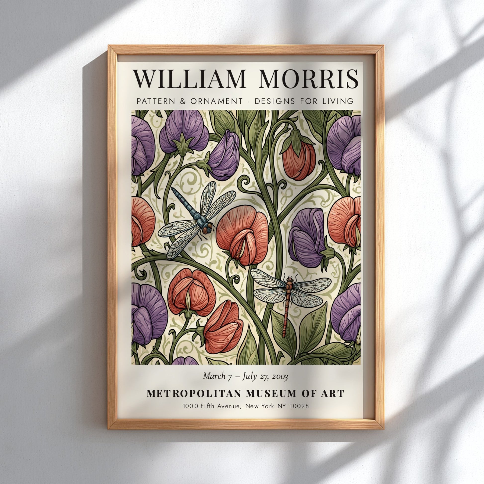 William Morris poster featuring vibrant floral pattern and dragonflies in rich colors