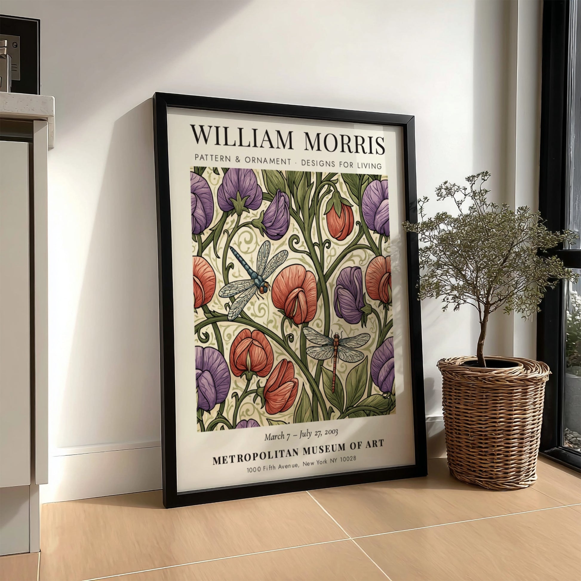 William Morris poster featuring vibrant floral pattern and dragonflies in rich colors