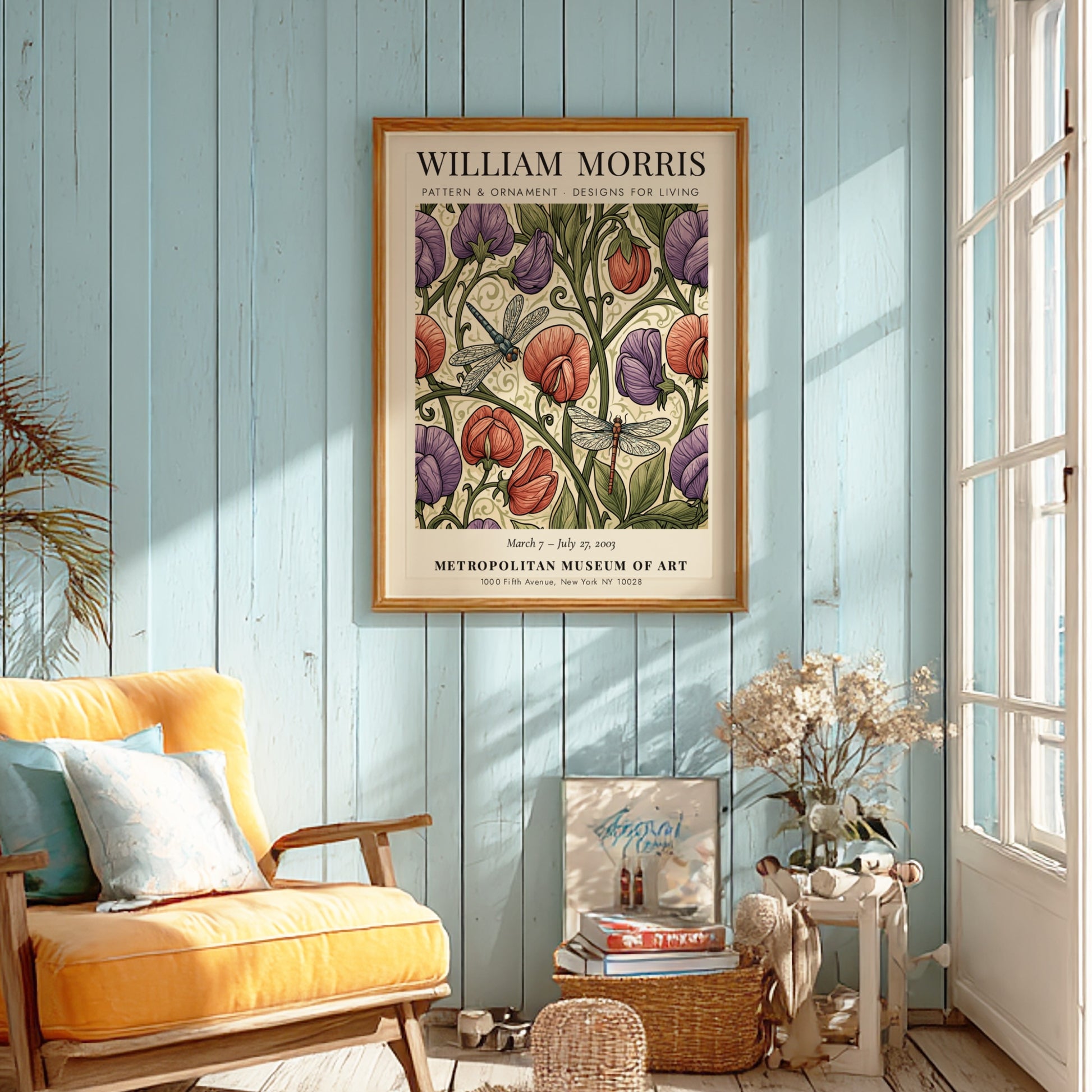 William Morris poster featuring vibrant floral pattern and dragonflies in rich colors