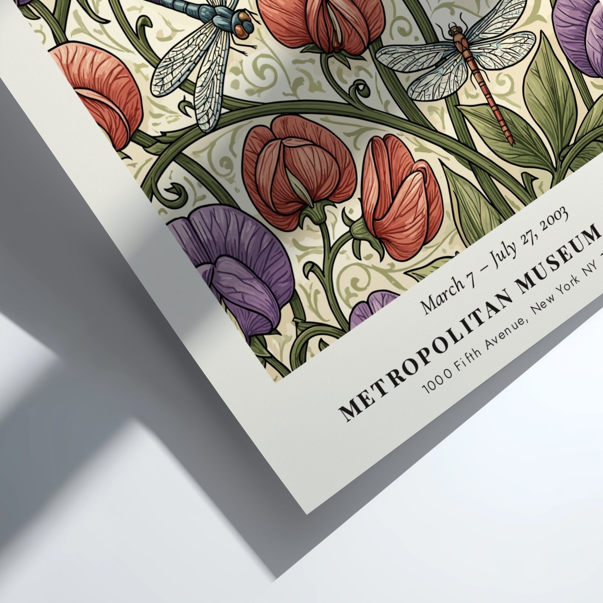 William Morris poster featuring vibrant floral pattern and dragonflies in rich colors