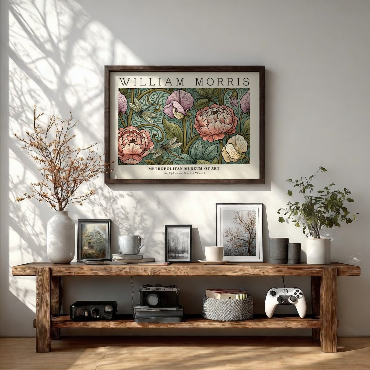 Floral wall art print featuring William Morris design with pastel colors and intricate details.
