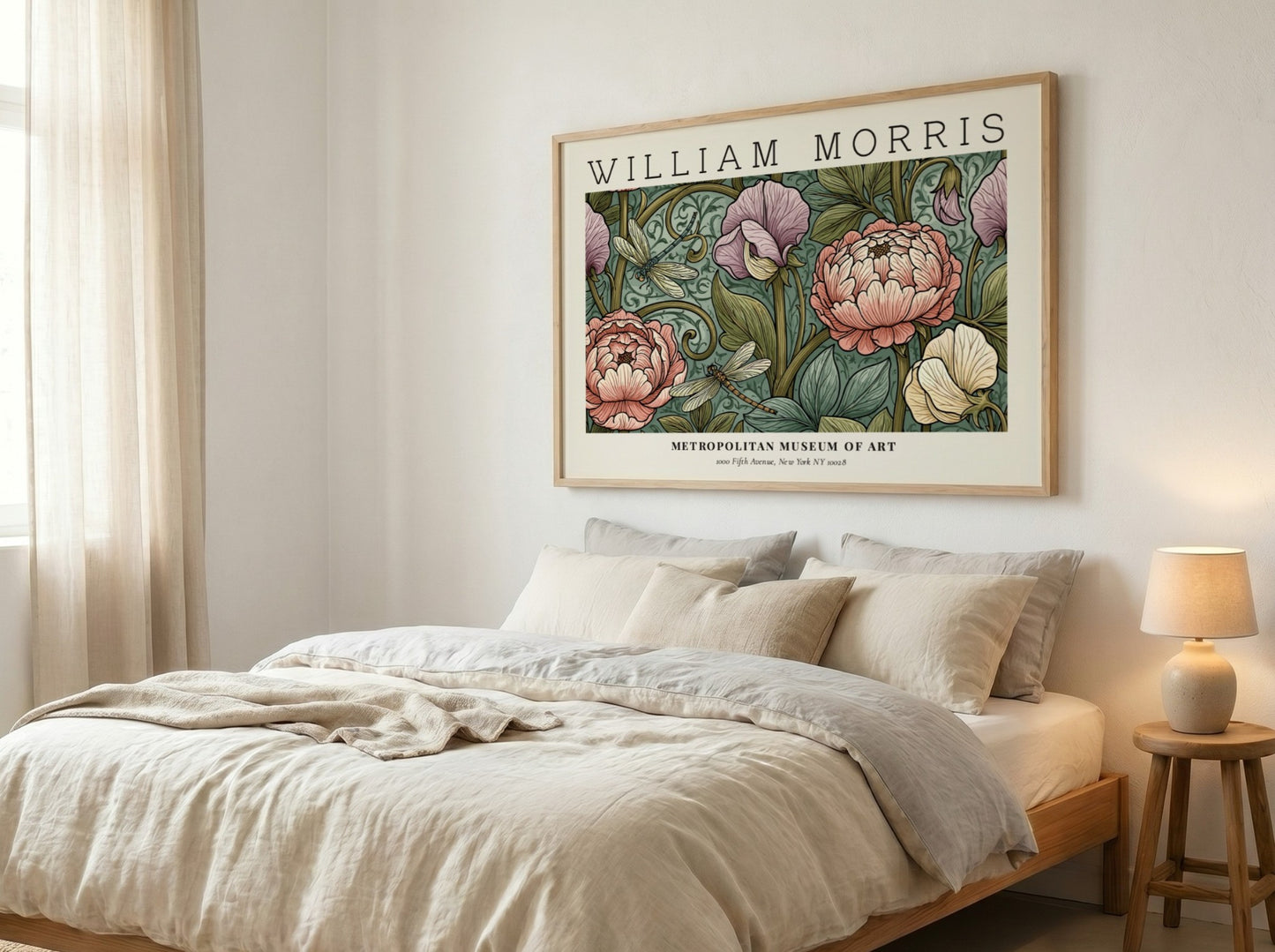 Floral wall art print featuring William Morris design with pastel colors and intricate details.