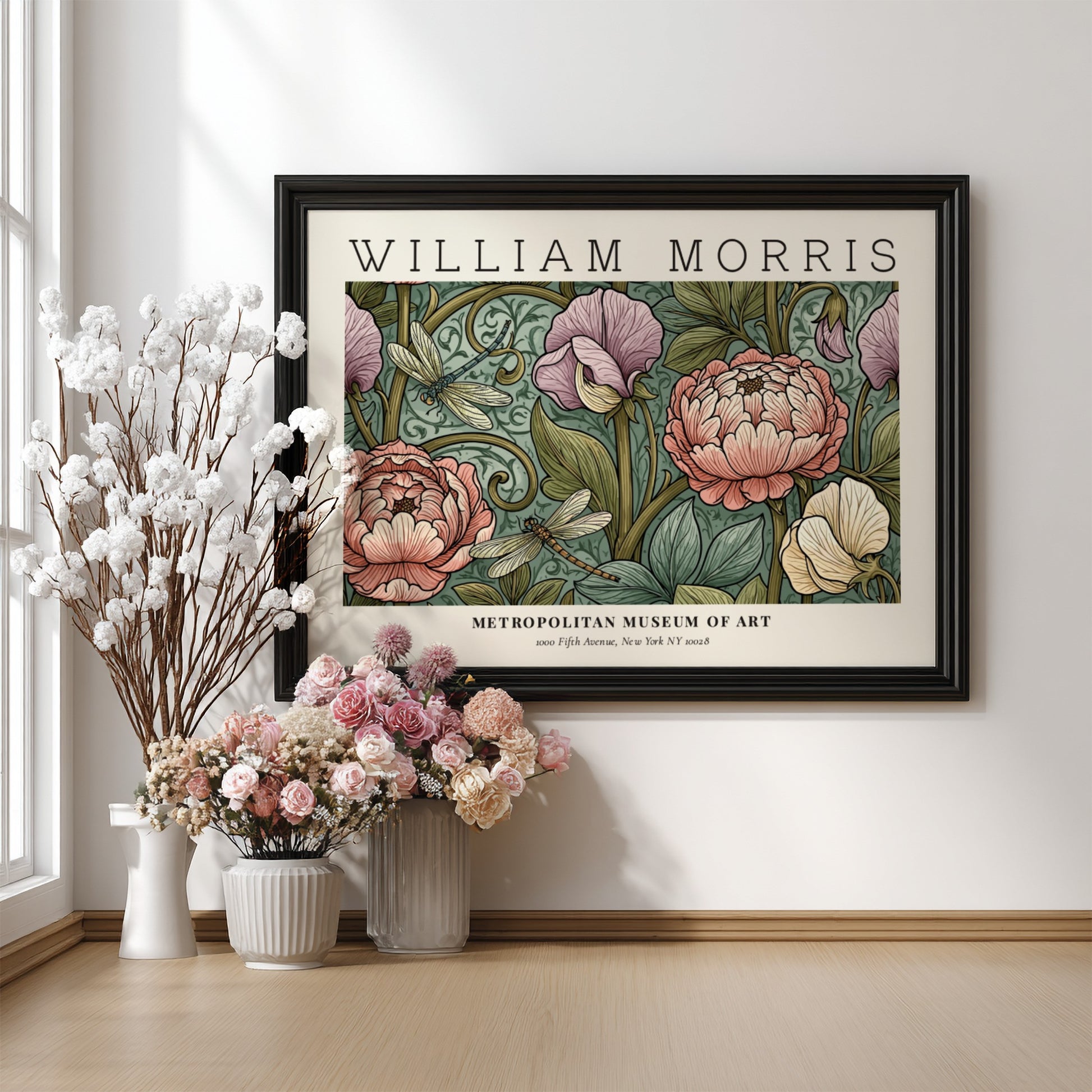 Floral wall art print featuring William Morris design with pastel colors and intricate details.