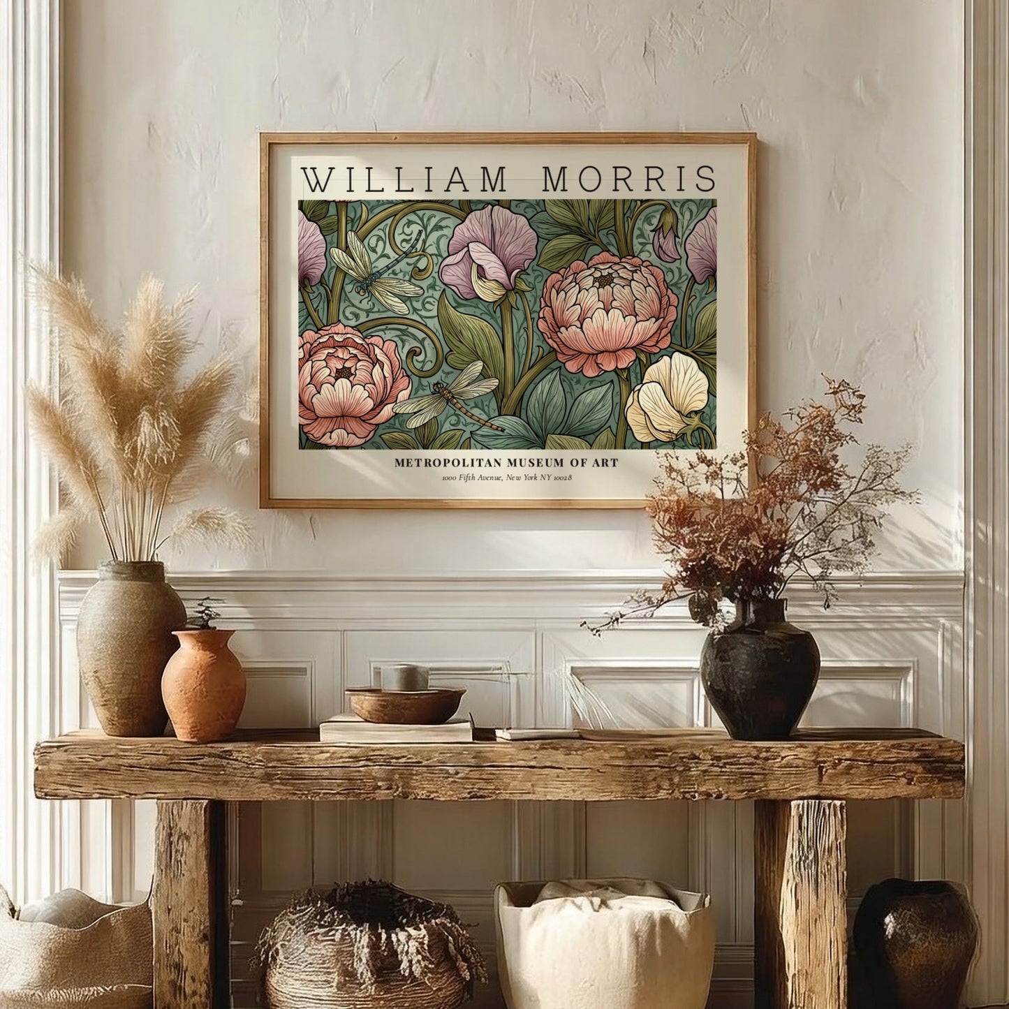 Floral wall art print featuring William Morris design with pastel colors and intricate details.