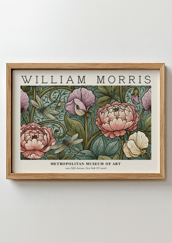 Floral wall art print featuring William Morris design with pastel colors and intricate details.