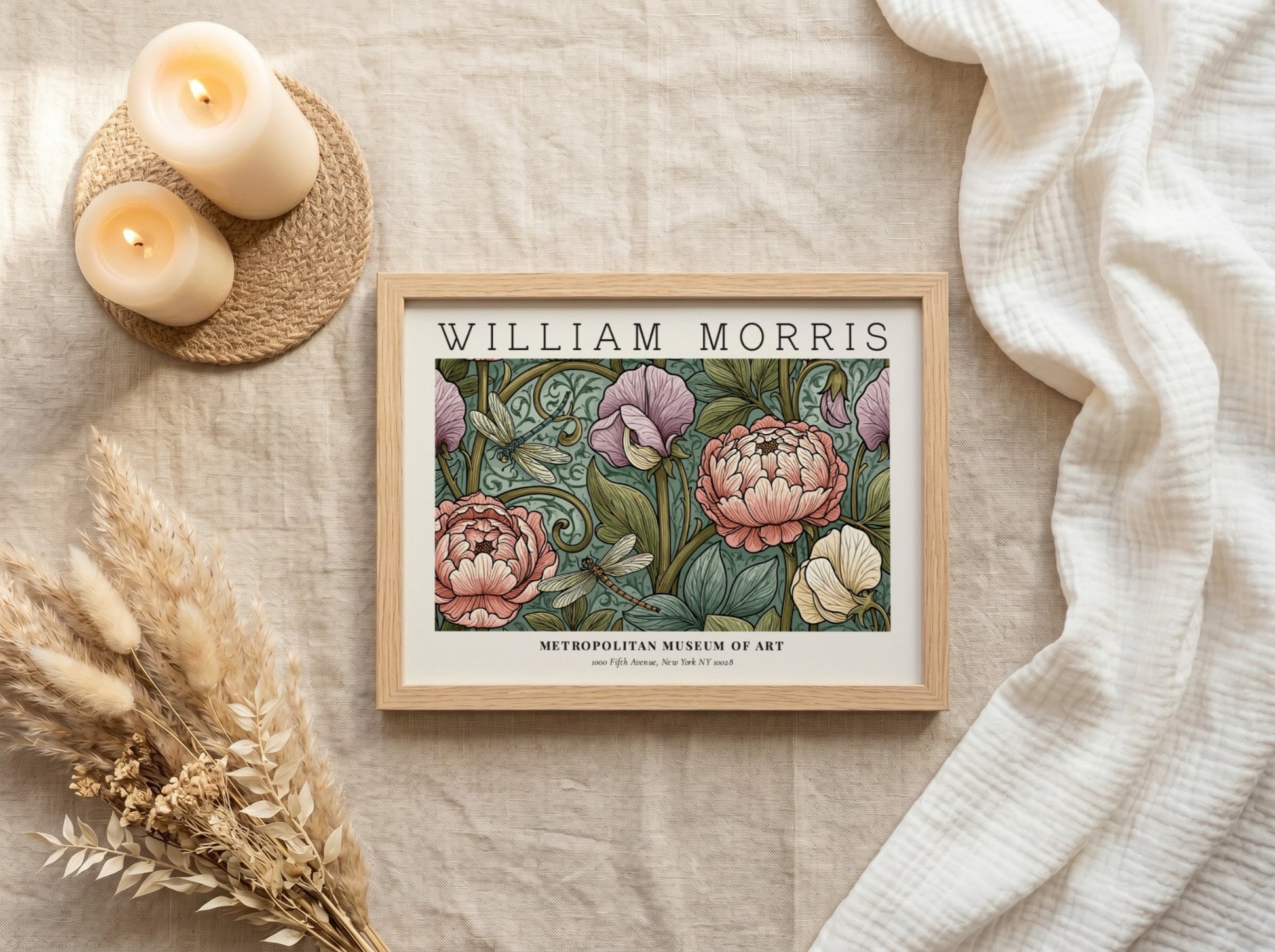 Floral wall art print featuring William Morris design with pastel colors and intricate details.