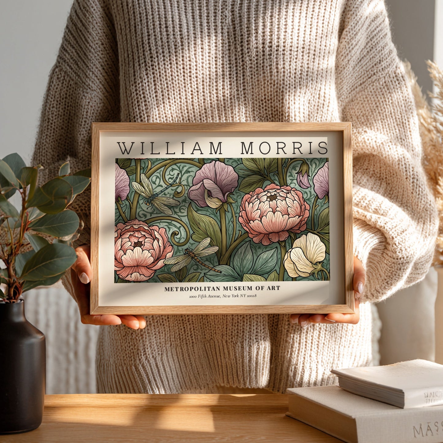 Floral wall art print featuring William Morris design with pastel colors and intricate details.