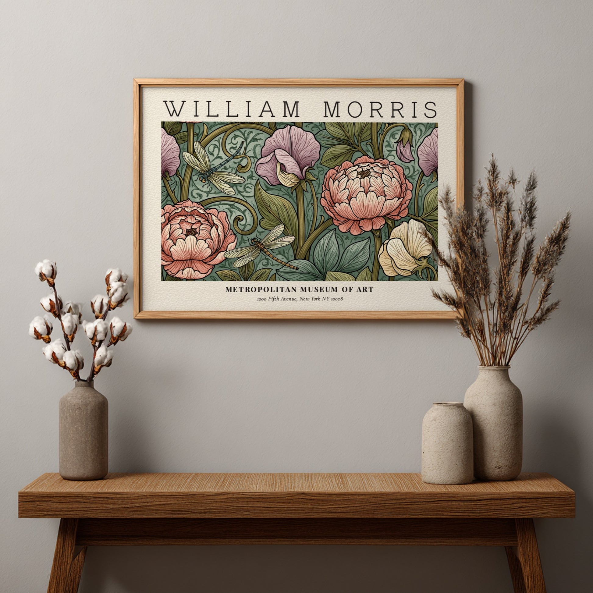 Floral wall art print featuring William Morris design with pastel colors and intricate details.