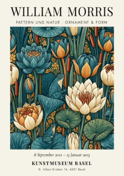 William Morris poster featuring floral motifs in green and blue tones
