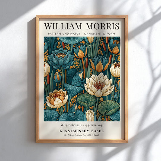 William Morris poster featuring floral motifs in green and blue tones
