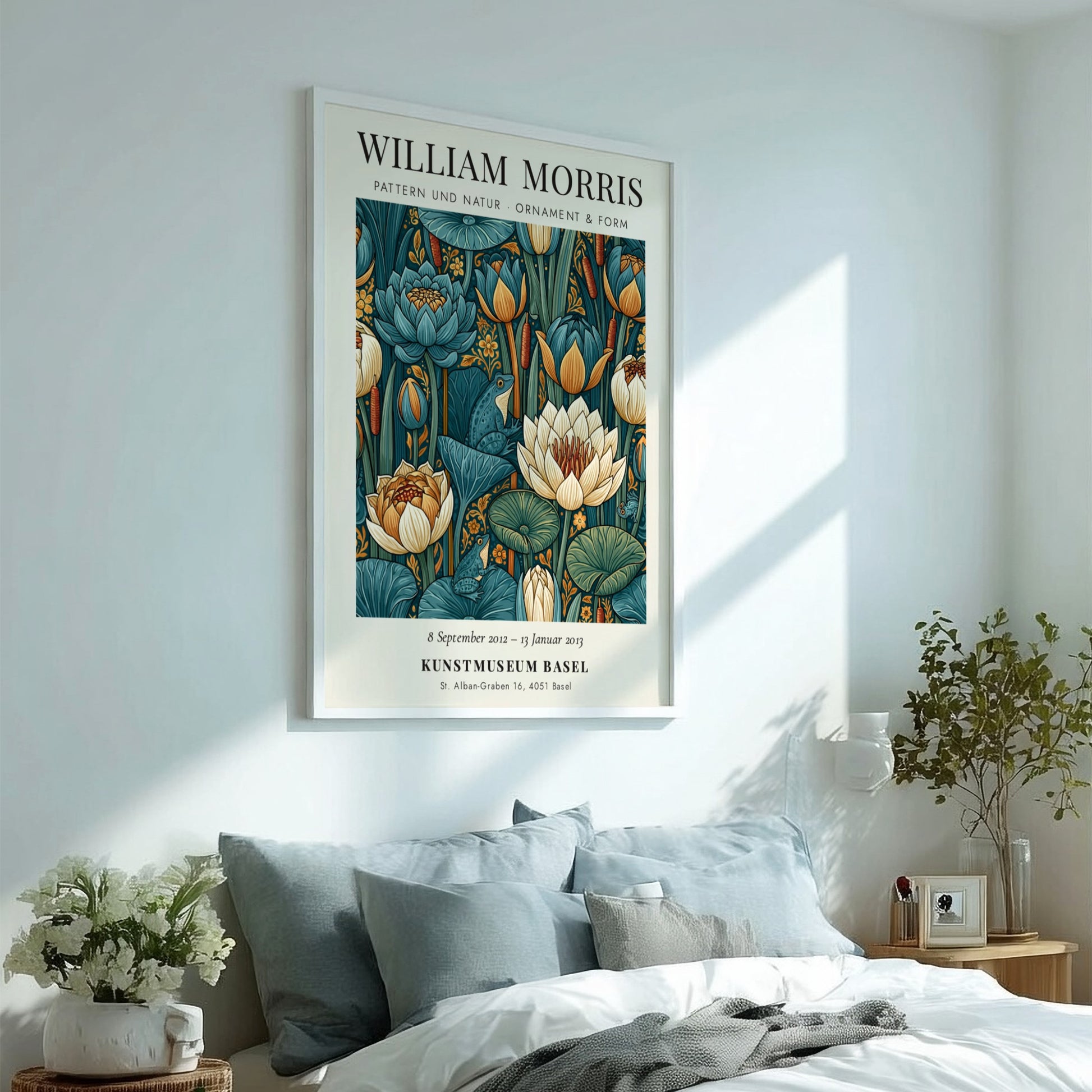 William Morris poster featuring floral motifs in green and blue tones