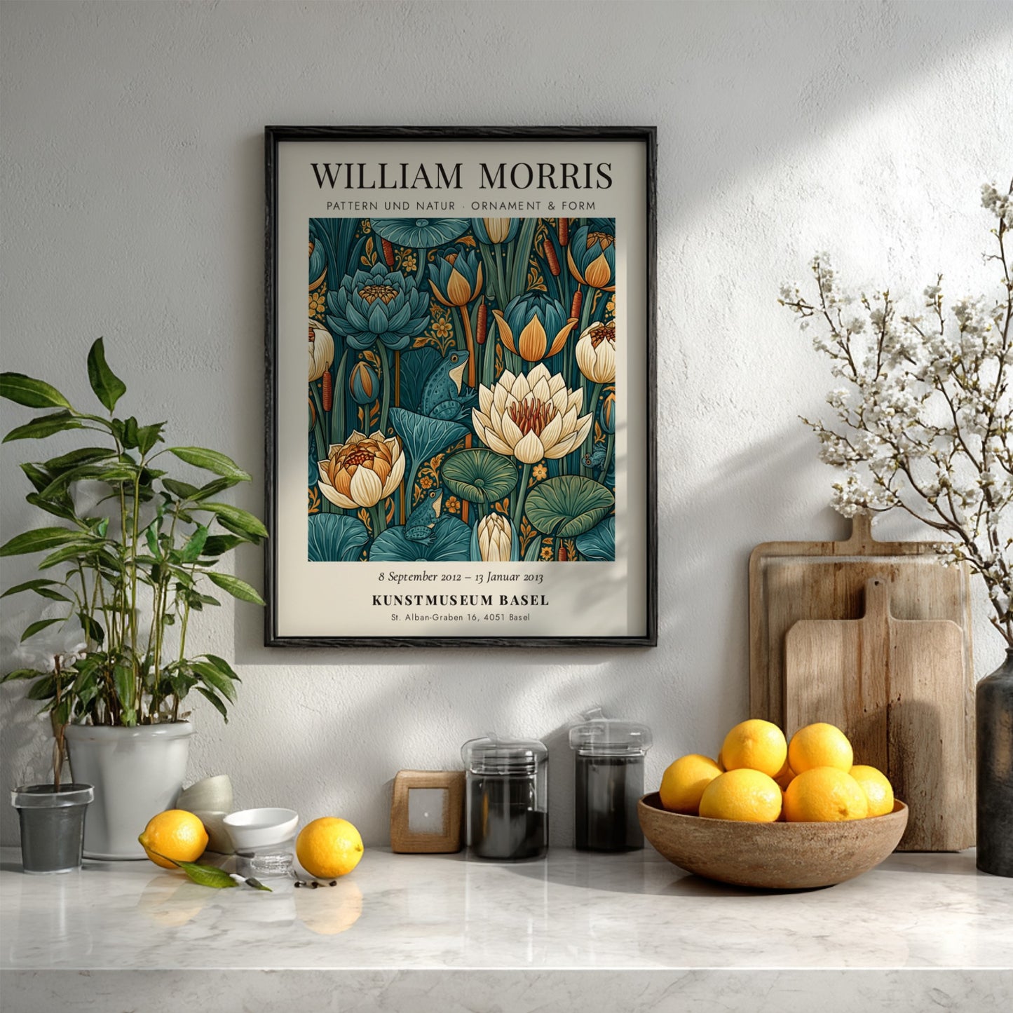 William Morris poster featuring floral motifs in green and blue tones