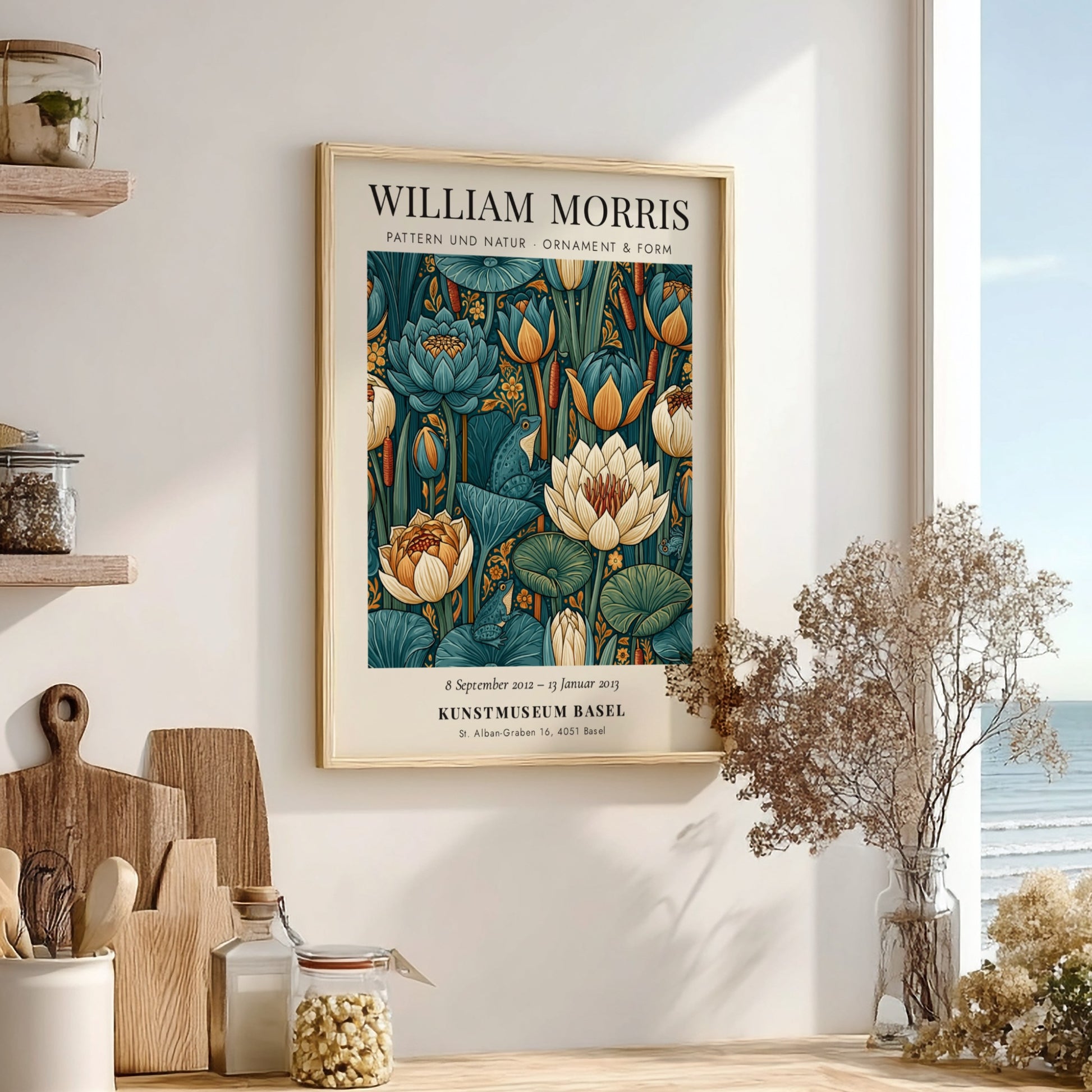 William Morris poster featuring floral motifs in green and blue tones