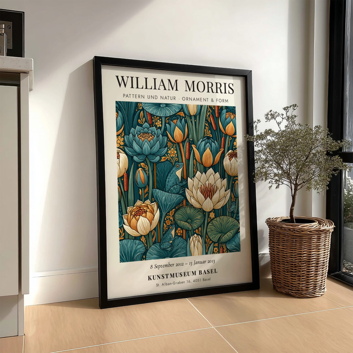William Morris poster featuring floral motifs in green and blue tones