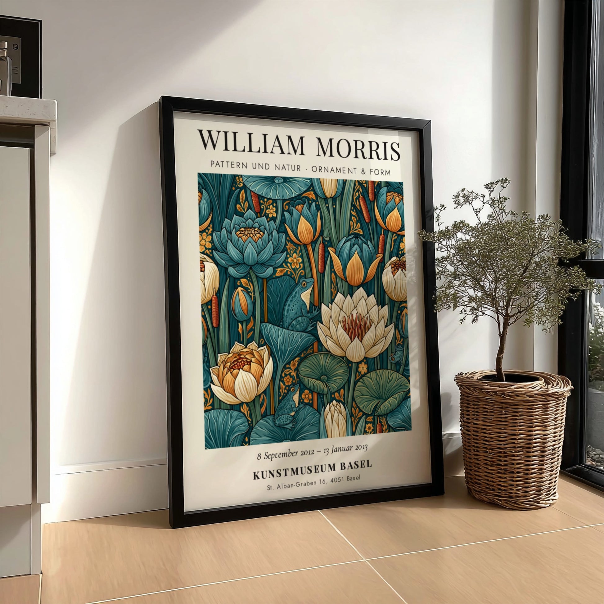 William Morris poster featuring floral motifs in green and blue tones