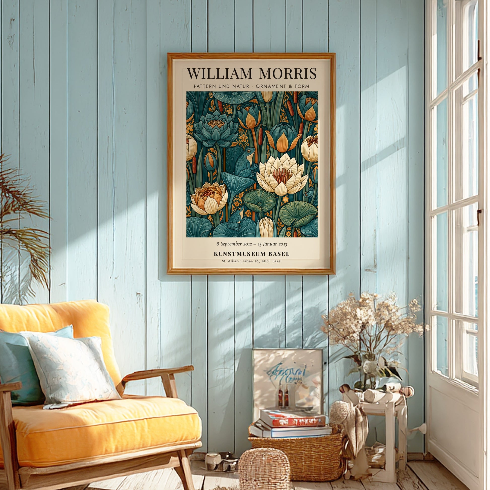 William Morris poster featuring floral motifs in green and blue tones
