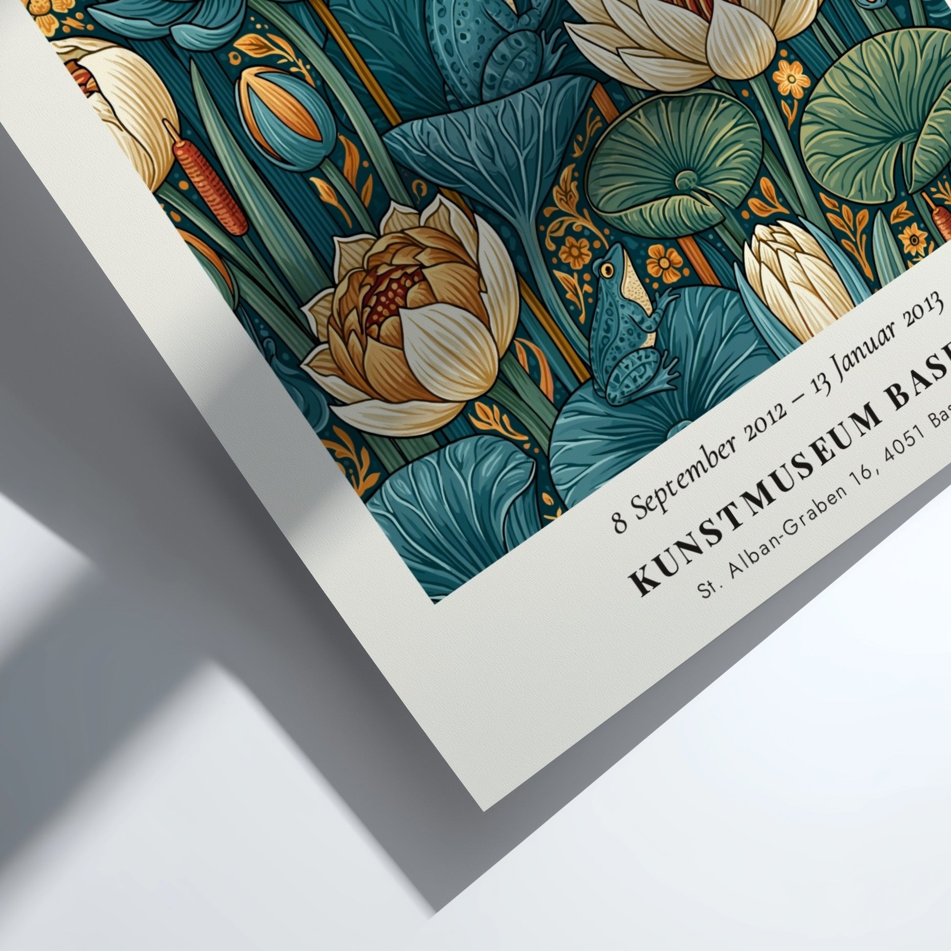 William Morris poster featuring floral motifs in green and blue tones