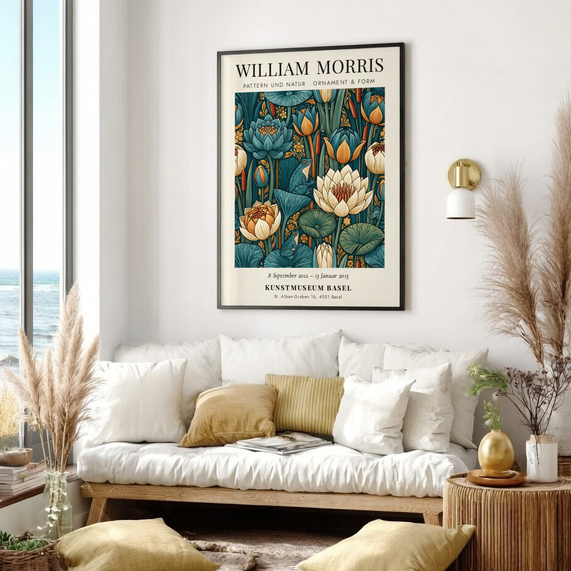 William Morris poster featuring floral motifs in green and blue tones