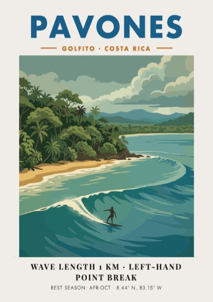 Vintage travel poster of Pavones Costa Rica featuring a surfer on a wave.