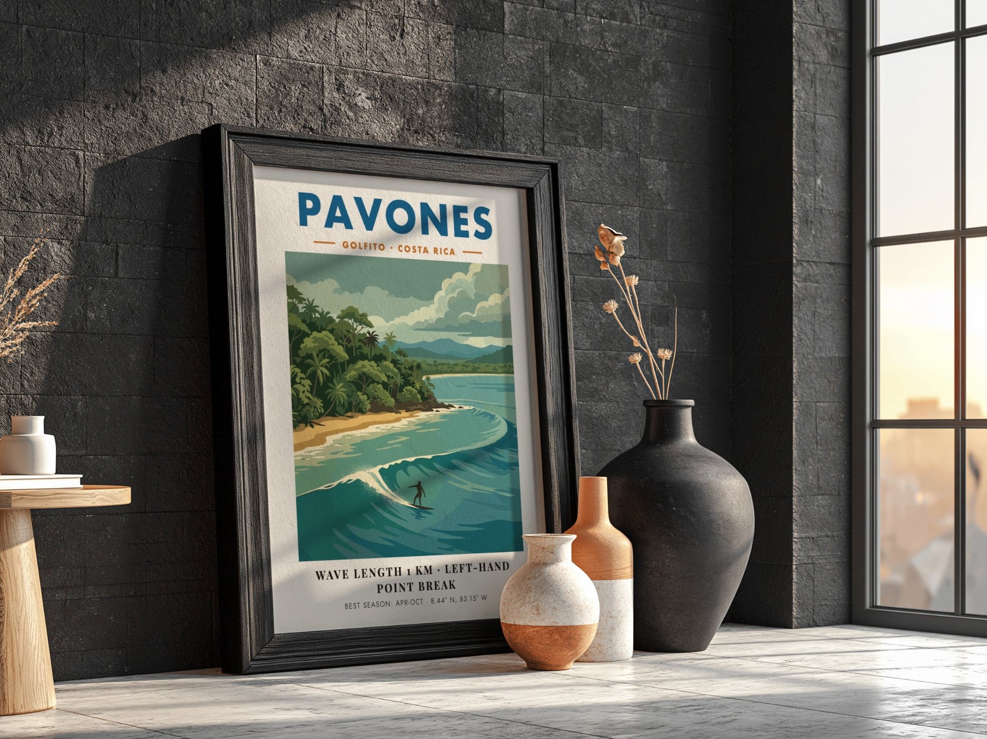 Vintage travel poster of Pavones Costa Rica featuring a surfer on a wave.