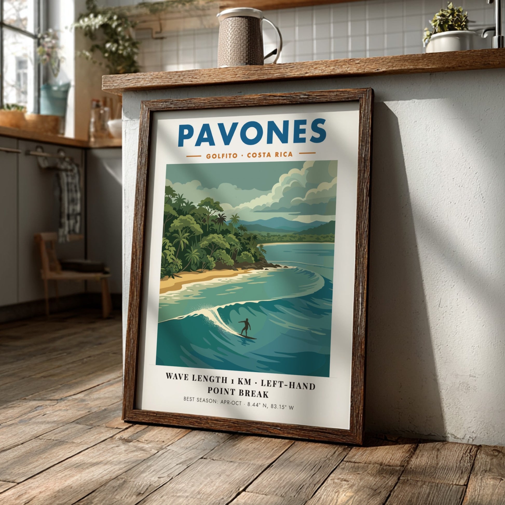 Vintage travel poster of Pavones Costa Rica featuring a surfer on a wave.