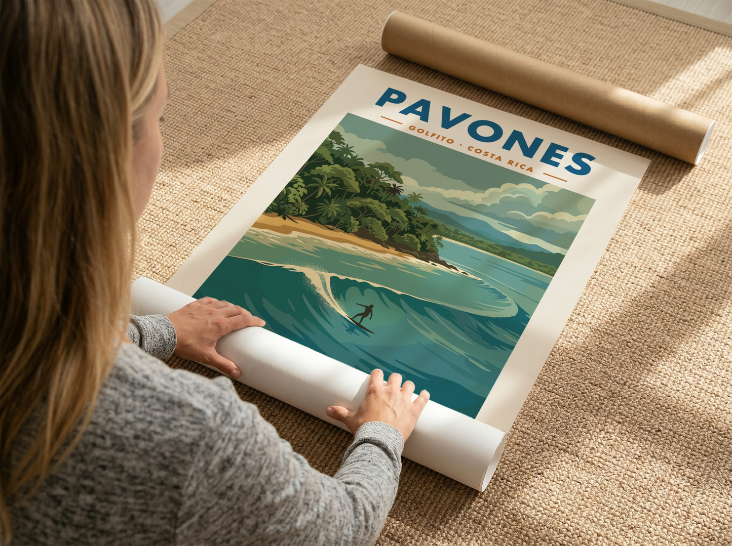 Vintage travel poster of Pavones Costa Rica featuring a surfer on a wave.