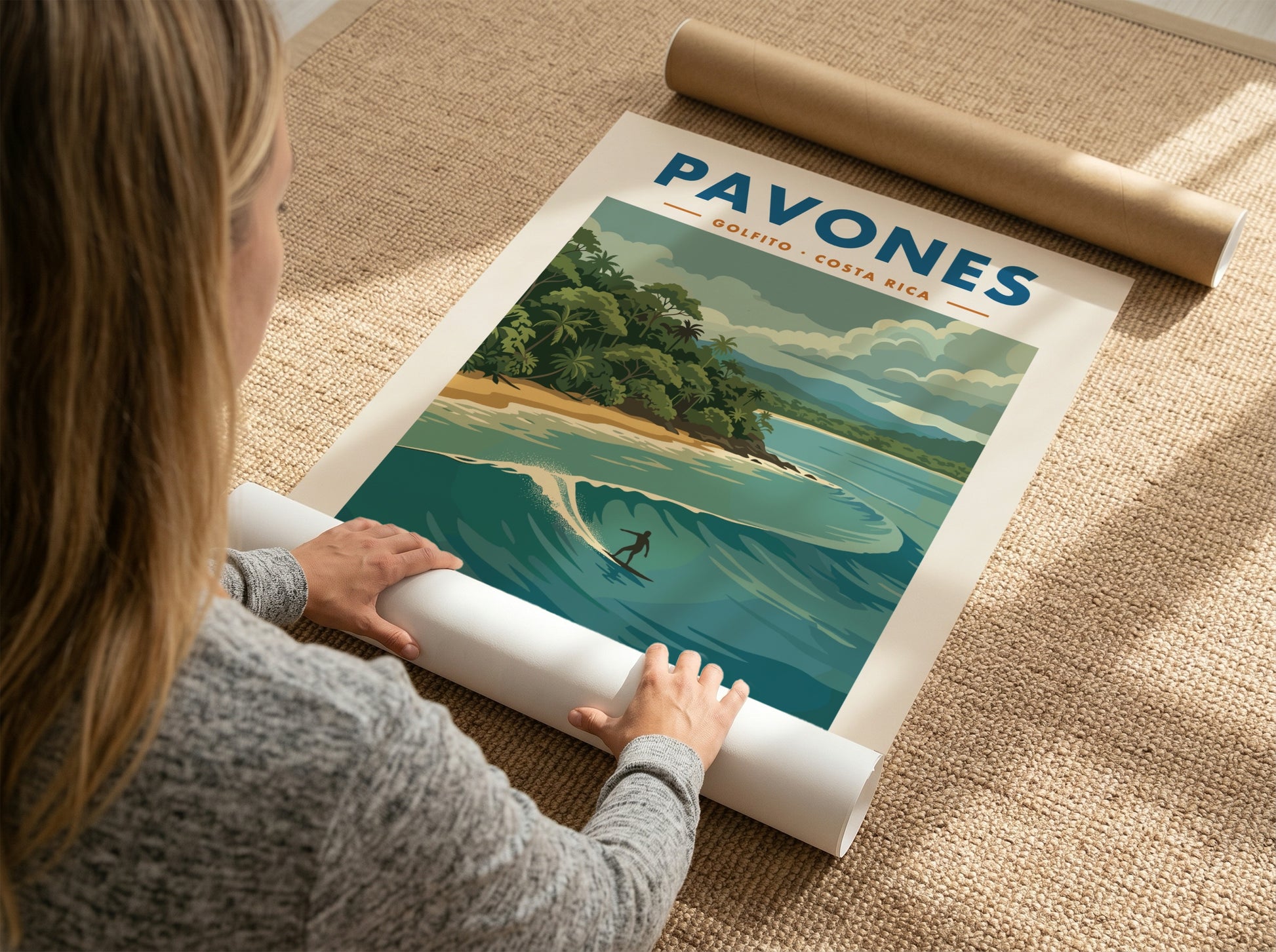Vintage travel poster of Pavones Costa Rica featuring a surfer on a wave.