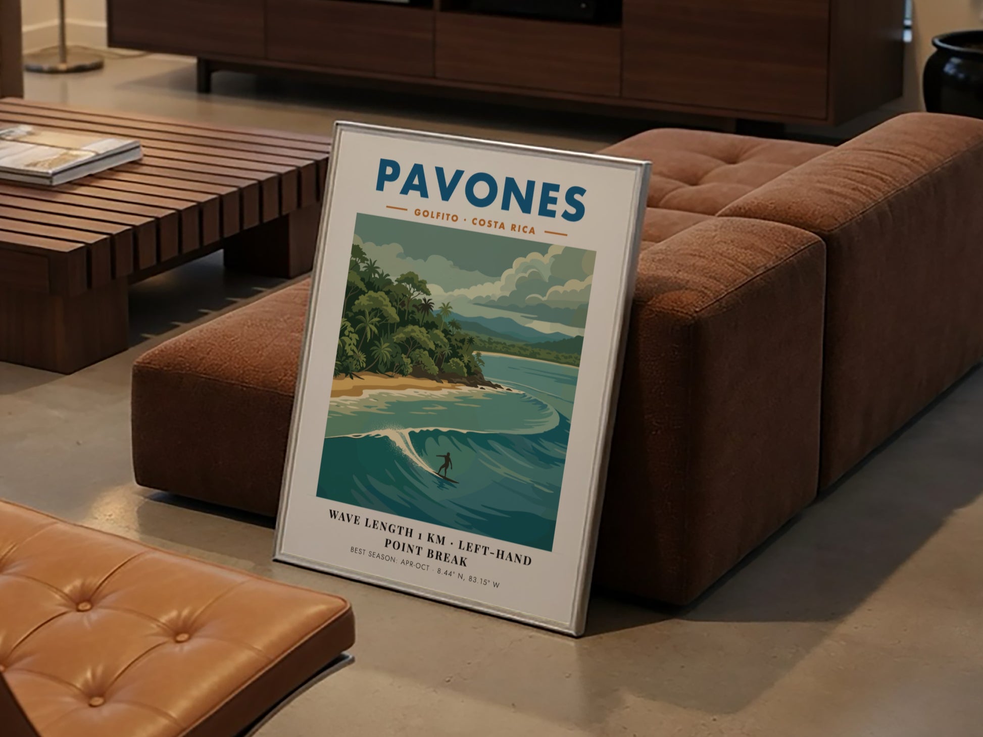 Vintage travel poster of Pavones Costa Rica featuring a surfer on a wave.