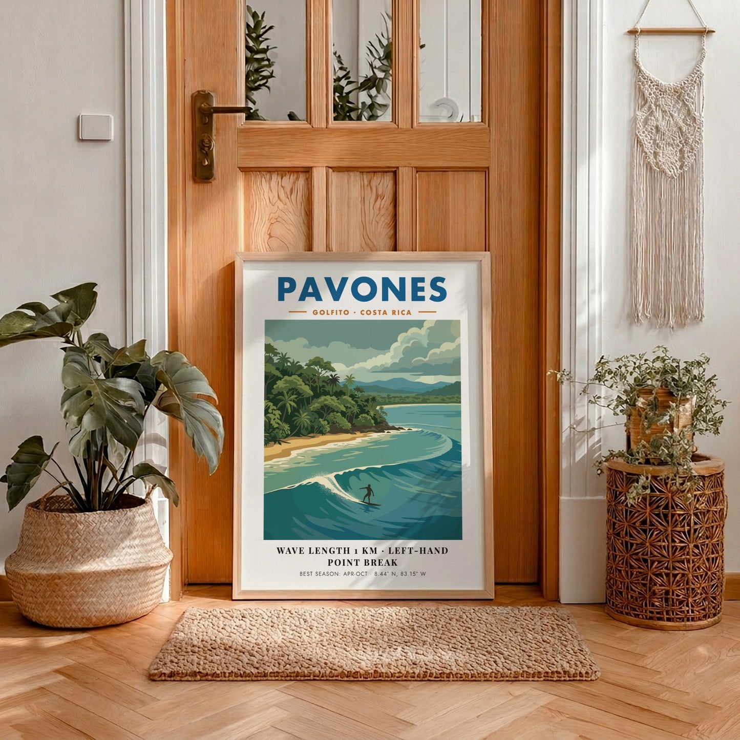 Vintage travel poster of Pavones Costa Rica featuring a surfer on a wave.