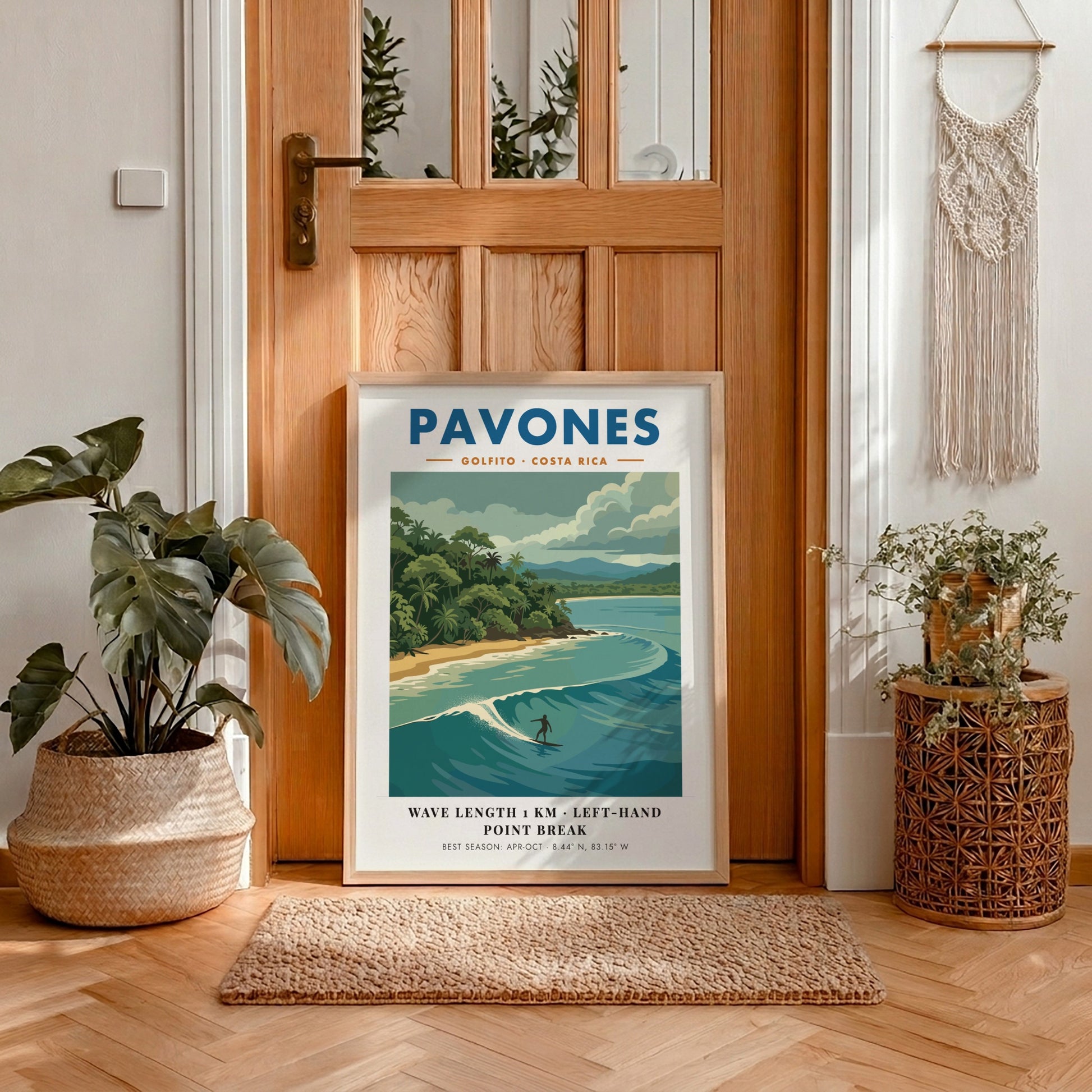 Vintage travel poster of Pavones Costa Rica featuring a surfer on a wave.