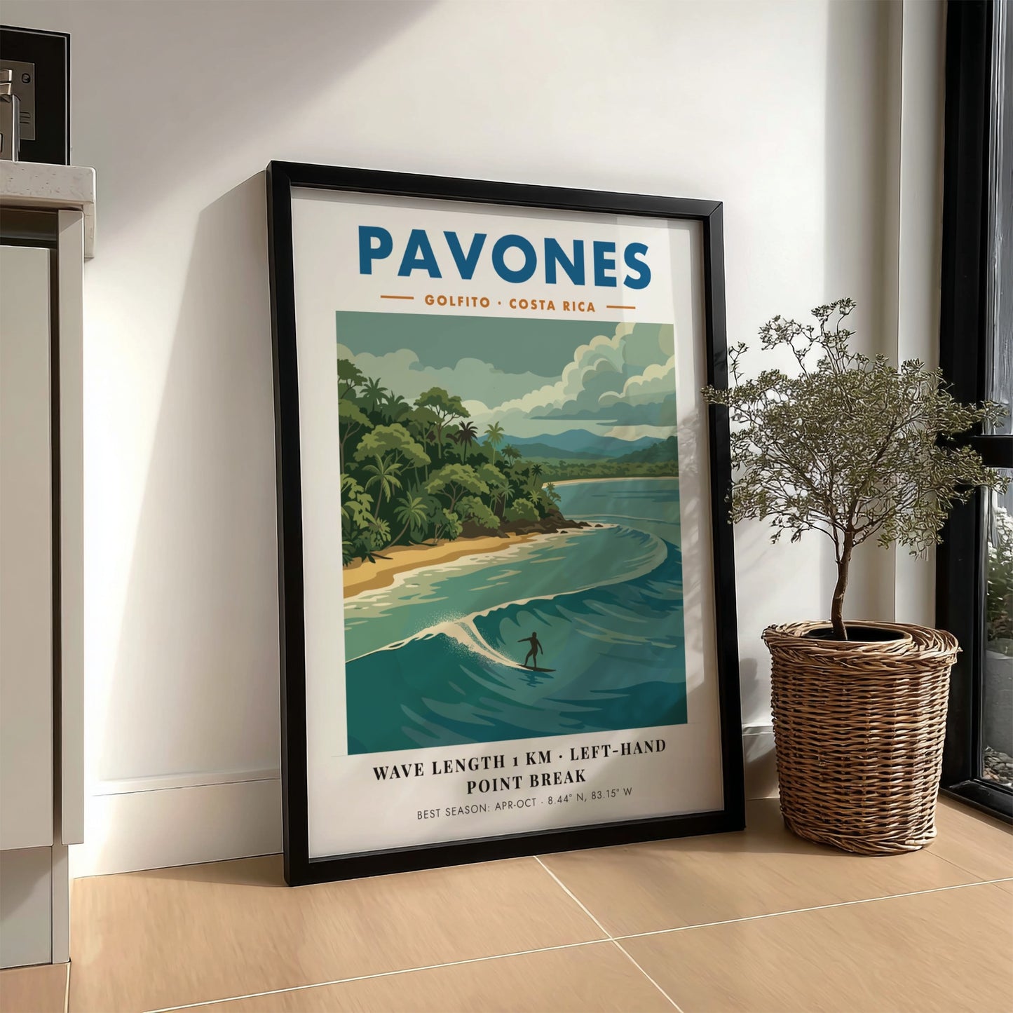 Vintage travel poster of Pavones Costa Rica featuring a surfer on a wave.