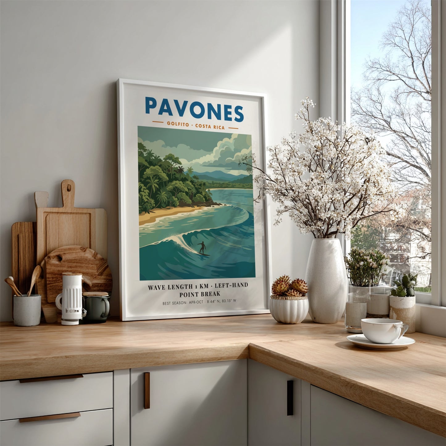 Vintage travel poster of Pavones Costa Rica featuring a surfer on a wave.