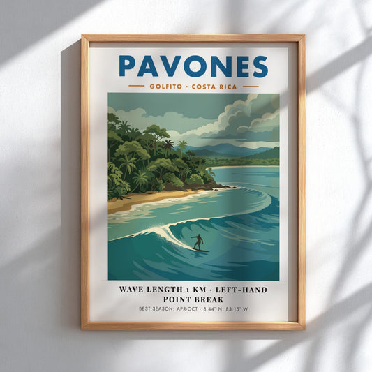 Vintage travel poster of Pavones Costa Rica featuring a surfer on a wave.