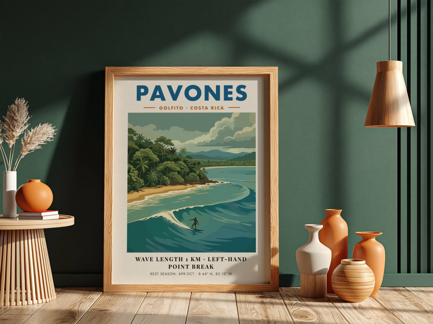 Vintage travel poster of Pavones Costa Rica featuring a surfer on a wave.
