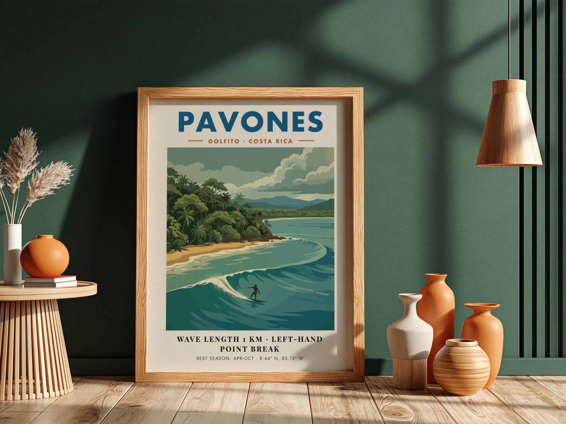 Vintage travel poster of Pavones Costa Rica featuring a surfer on a wave.