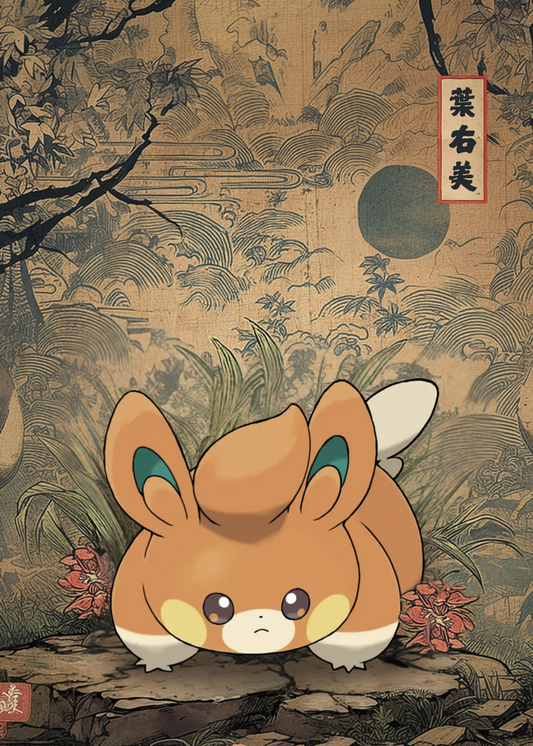 Pawmi Pokemon character in a traditional Japanese-style setting with a moon and trees.